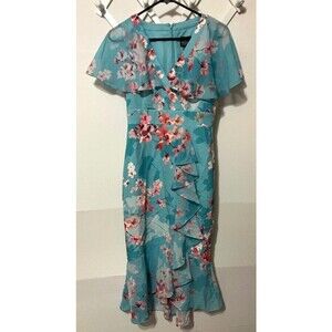 Adrianna Papell Floral Flutter Sleeve Wrap Dress Size 2 Aqua Pink Ruffle Hem